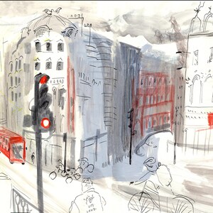 K&ouml;nnte beinhalten: Ein Aquarellbild einer Stra&szlig;enszene in der Stadt mit Geb&auml;uden, einem roten Doppeldeckerbus, einer Ampel und Personen auf Fahrr&auml;dern. Die Geb&auml;ude sind in einem einfachen Stil mit grauen und roten T&ouml;nen gezeichnet. Der Bus ist rot und hat ein wei&szlig;es Dach. Die Ampel ist gr&uuml;n und hat ein rotes Licht oben. Die Personen auf Fahrr&auml;dern sind in einem einfachen Stil mit schwarzen Linien gezeichnet.