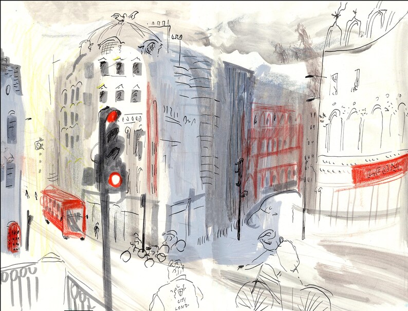 K&ouml;nnte beinhalten: Ein Aquarellbild einer Stra&szlig;enszene in der Stadt mit Geb&auml;uden, einem roten Doppeldeckerbus, einer Ampel und Personen auf Fahrr&auml;dern. Die Geb&auml;ude sind in einem einfachen Stil mit grauen und roten T&ouml;nen gezeichnet. Der Bus ist rot und hat ein wei&szlig;es Dach. Die Ampel ist gr&uuml;n und hat ein rotes Licht oben. Die Personen auf Fahrr&auml;dern sind in einem einfachen Stil mit schwarzen Linien gezeichnet.