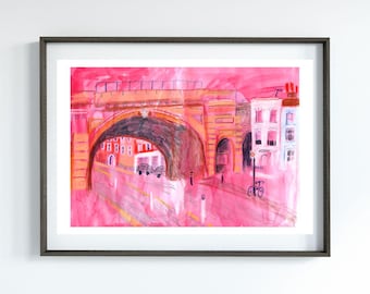 Pink London Sketch Print: South London Bridge Scene