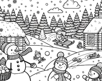 Könnte beinhalten: Eine Schwarzweißillustration einer Winterszene mit Schneemännern, Kindern auf Schlitten und einer schneebedeckten Hütte. Die Szene spielt in einem Wald mit Kiefern und einer strahlenden Sonne am Himmel.