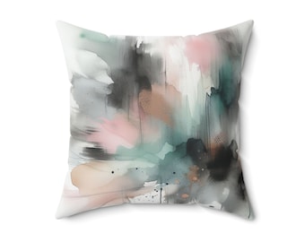 Spun Polyester Square 18" × 18" Abstract Pillow With Cover | Pastel Color Palettes | Powder Pink | Light Pistachio | Charcoal Smears | Gold