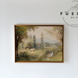 Vintage Italian Landscape Oil Painting, Spring Fields with Sheep and Shepherd, Easter Art, Muted Colors Wall Art for Home Decor | L-029