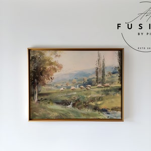 Pastoral Oil Painting of Shepherd with Flock in Italian Countryside, Serene Spring River Scene, Perfect Housewarming Gift | L-030