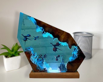 Resin Lamp With 4 Dragons, Castle, Mystical Lamp, Nightlight, Perfect Gift