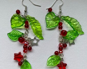 Handmade Glass Bead Red Berry Dangle Earrings Flower Plant Y2K Stars Punk Cottage
