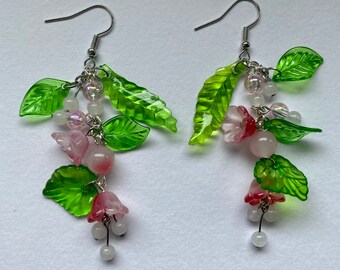 Handmade Glass Bead Pink Flower Berry Dangle Earrings Flower Plant Y2K Stars Punk Cottage