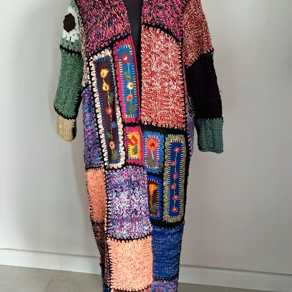 Handmade Long Jacket, Unique, Custom Made, Colorful Cardigan, Crochet Hand Knit Jacket Women, One Of a Kind