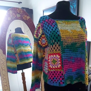 Handmade Rainbow Blooms Crocheted Sweater