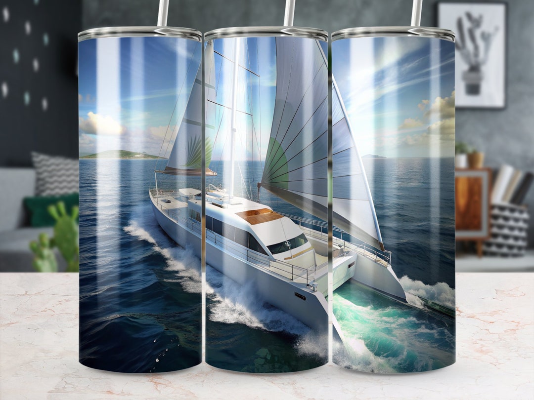 Luxury Yacht Sailing Ocean Waves Scenery Tumbler, Nautical Travel