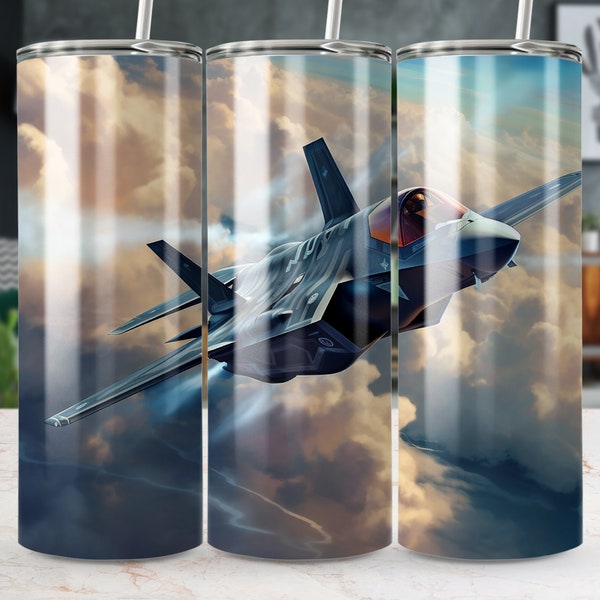 Fighter Jet Tumbler, Military Aircraft Insulated Cup, Aviation Enthusiast Gift, Pilot Travel Mug, Cool Sky High Design, 20oz Tumbler
