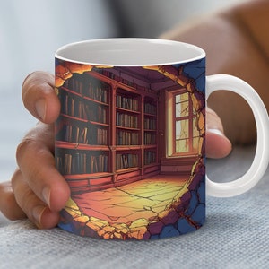 Tajemnicza biblioteka przez otwór 11oz i 15oz kubek Wrap, pobieranie cyfrowe, kolorowy projekt półki na książki plik PNG
