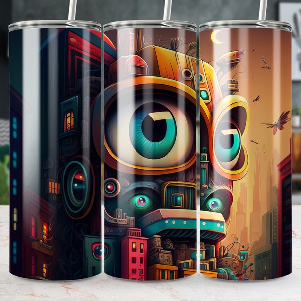 Colorful Robot Art Tumbler, Urban Sci-Fi Illustration Travel Mug, Unique Geek Gift, Designer Espresso Cup