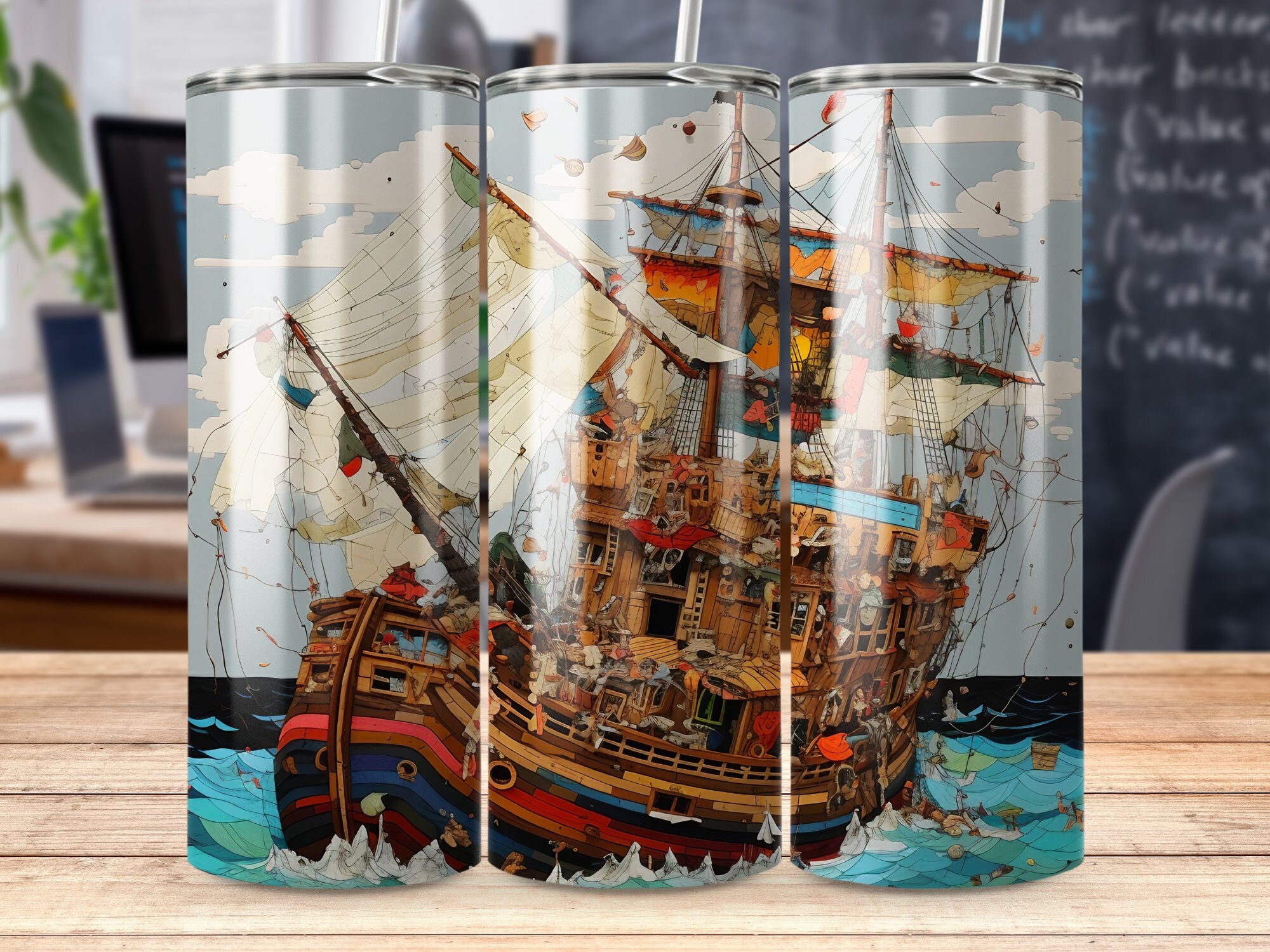 Vintage Pirate Ship Tumbler, Nautical Ocean Adventure Travel Mug