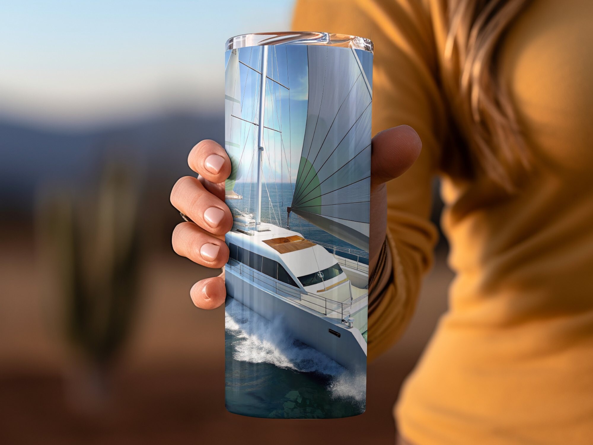 Luxury Yacht Sailing Ocean Waves Scenery Tumbler, Nautical Travel