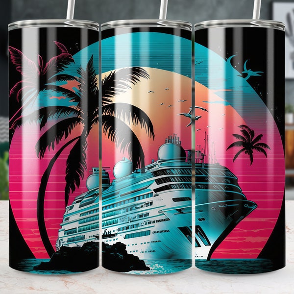 Retro Cruise Ship Sunset Tumbler, Tropical Palm Tree Ocean Scene Travel Cup, Nostalgic 80s Style Insulated Drinkware, Unique Gift Idea