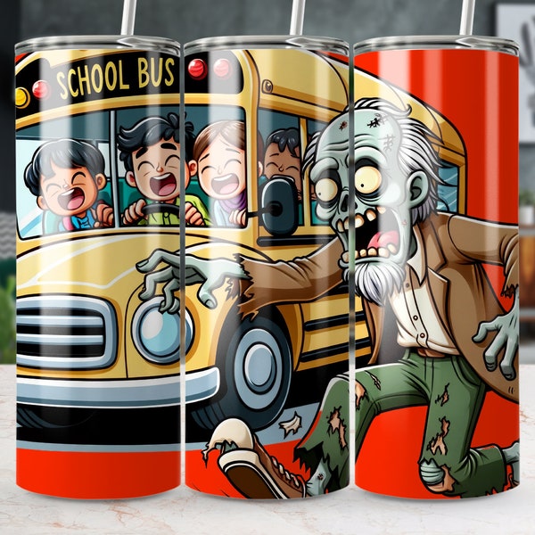 Zombie Chase Scene Tumbler, Fun Cartoon School Bus Adventure, Kids & Undead, Unique Illustrated Drinkware, Bright Colors