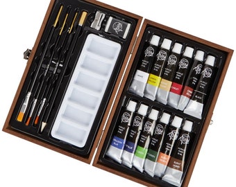 Caja Artista de Pintura de 20 Piezas: Set de Pinturas Acrílicas en Elegante Caja de Madera con Bloc de Dibujo incluido.