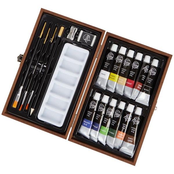 20-teiliger Künstler-Farbkasten: Set mit Acrylfarben in eleganter Holzkiste, inklusive Zeichenblock.