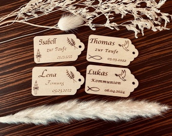 Namensschild Kommunion, Taufe, Firmung, personalisiert, Platzkarten, personalisiertes Gastgeschenk aus Holz, Tischkarten mit Namen