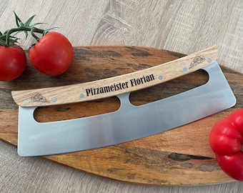 Coltello per pizza con incisione, taglia pizza con manico in legno, taglia pizza per tarte flambée, coltello a dondolo, taglia pizza, regali di cucina per lui, festa del papà