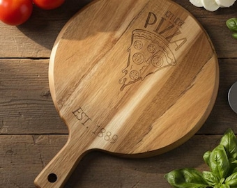 Personalisiertes Pizzabrett aus Akazienholz, Servierbrett & Schneidebrett, Geschenk zur Hochzeit, Einzug, Pizza Zubehör, Pizzateller