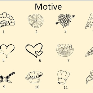 Może przedstawiać: Siatka dwunastu czarnych ikon liniowych na jasnym tle z napisem Motive. Ikony przedstawiają piec do pizzy, pokrojone pizze, serca, kawałek pizzy z napisem PIZZA, skrzyżowane noże i czapki kucharskie, ponumerowane od jednego do dwunastu.