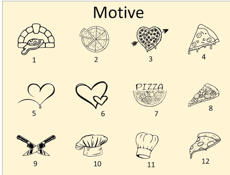 Może przedstawiać: Siatka dwunastu czarnych ikon liniowych na jasnym tle z napisem Motive. Ikony przedstawiają piec do pizzy, pokrojone pizze, serca, kawałek pizzy z napisem PIZZA, skrzyżowane noże i czapki kucharskie, ponumerowane od jednego do dwunastu.
