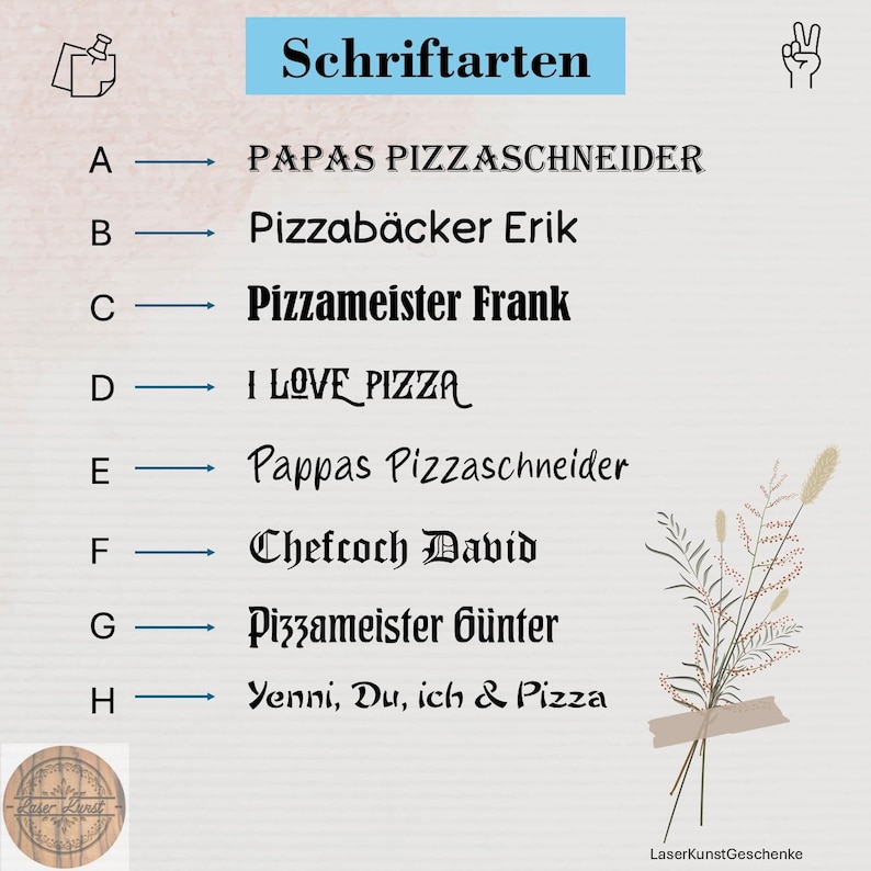 Może przedstawiać: Tabela wyboru czcionek zatytułowana Schriftarten, przedstawiająca osiem r&oacute;żnych styl&oacute;w oznaczonych od A do H. Każda litera odpowiada konkretnemu przykładowi tekstu, w tym PAPAS PIZZASCHNEIDER, Pizzab&auml;cker Erik, Pizzameister Frank, I LOVE PIZZA, Pappas Pizzaschneider, Chefcoch David, Pizzameister G&uuml;nter oraz Yenni, Du, ich & Pizza.