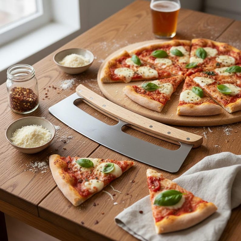 Może przedstawiać: Nierdzewny n&oacute;ż do pizzy z długą drewnianą rączką leży na drewnianym stole obok pokrojonej pizzy margherita na okrągłej desce, szklanki piwa, słoika z płatkami chili oraz dw&oacute;ch miseczek z tartym serem parmezanem.