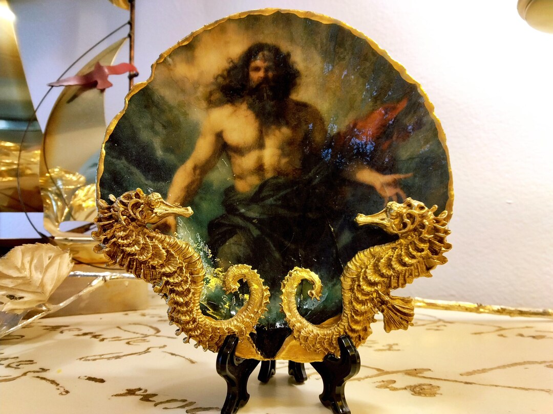 Poseidon Shell Gilded Poseidon Seashell Art – Handmade Ocean Decor With Gold Seahorses ...