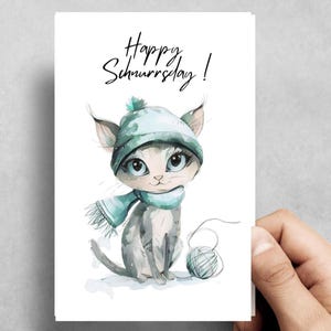 Carte d'anniversaire chat | Joyeux ronronnement ! | Adorable chat gris avec une pelote de laine | Impression aquarelle 300 g – Carte animal amusante | 0014