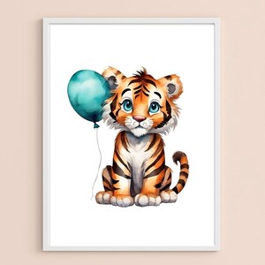Süßes Tigerbaby mit Luftballon Poster | Tierische Wandkunst für das Kinderzimmer | DIN A 4 | DIN A5 | auf 300g Premium Papier | 009