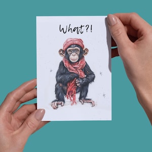 Affe Grußkarte "What" | Postkarte | DIN A6 Glückwunschkarte für lustige Anlässe | 300g Aquarell Premium Papier | 0019