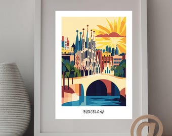 Barcelona postcard minimalist | Modern city art DIN A6 A5 A4 | Travel poster watercolor paper | Spain illustration gift | 0067