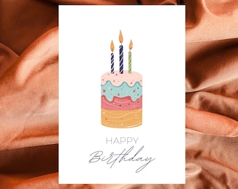 Birthday card with cake & candles – “Happy Birthday” watercolor postcard DIN A6 on 300g watercolor paper | 0220