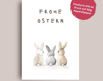 "Happy Easter" postcard – three cute watercolor baby bunnies, lovely Easter greeting card DIN A6 on watercolor paper | 0192