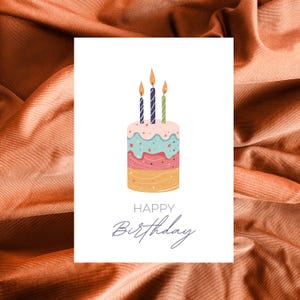 Carte d'anniversaire avec gâteau | Carte « Joyeux anniversaire » avec 3 bougies | Carte de vœux aquarelle | Papier aquarelle 300 g | 0220