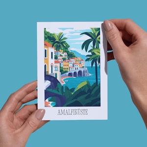 Carte de vœux de voyage moderne sur la côte amalfitaine | idéal comme souvenir de voyage ou cadeau pour les voyageurs et les collectionneurs de cartes | 0216