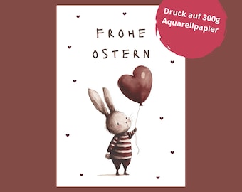 Happy Easter card with bunny & heart-shaped balloon – lovely Easter greeting card on watercolor paper, DIN A6, optional envelope | 0200