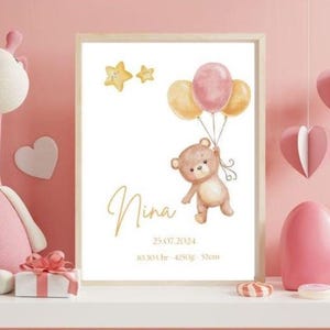 Póster de nacimiento personalizado / Carta natal de bebé / Póster de nacimiento / Póster de nacimiento niña / Cuadro de acuarela para nacimiento / Regalo de nacimiento