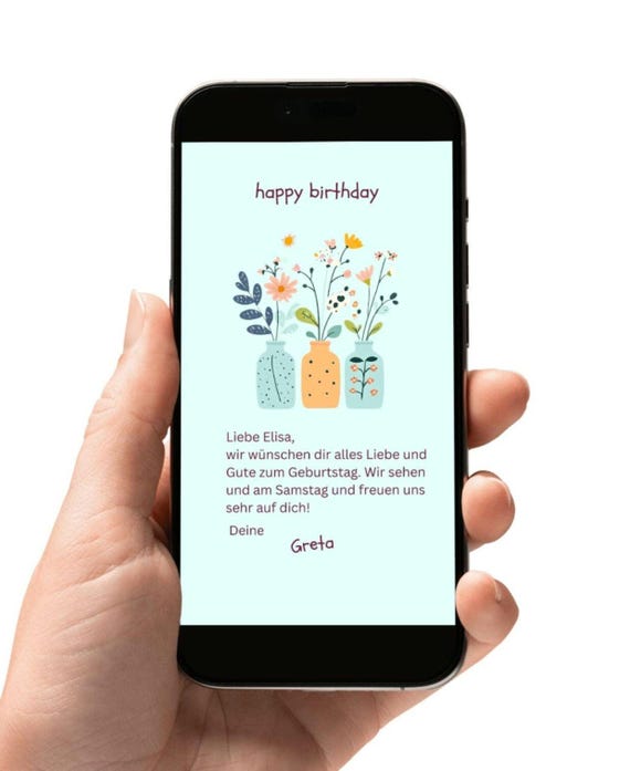 Personalisierbare digitale Geburtstagskarte – salbeigrünes Blumenvasen‑Design zum Anpassen & sofort Versenden | Besonderer Anlass