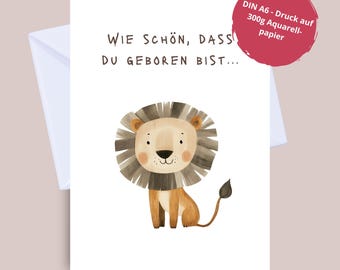 Tarjeta de felicitación por el nacimiento de un niño/a: un lindo león para niños y niñas en papel de acuarela, DIN A6, preciosa tarjeta para bebé | 0179