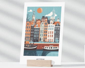 Modern Amsterdam greeting card with abstract canals | DIN A6, DIN A5, and DIN A4 | Stylized cityscape in art design | Card collectors | 0083