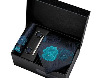 Men Necktie for Wedding Business Party | many colors Teal Blue Paisley | Set of Silk Tie Hanky Cufflink Napkin