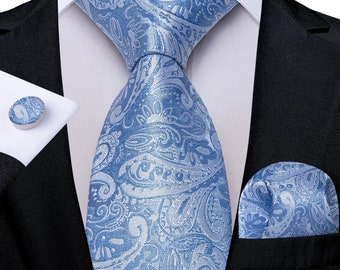 Men Necktie for Wedding Business Party | many colors Teal Blue Paisley | Set of Silk Tie Hanky Cufflink Napkin