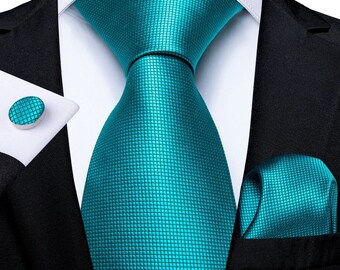 Corbata de hombre para boda, fiesta de negocios/muchos colores Teal Blue Paisley/Juego de corbata de seda, pañuelo, gemelos y servilleta