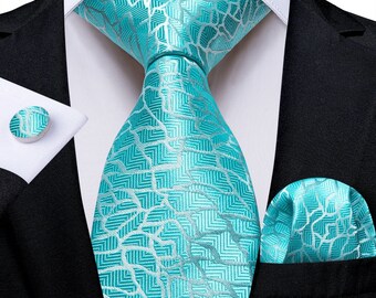 Men Necktie for Wedding Business Party | many colors Teal Blue Paisley | Set of Silk Tie Hanky Cufflink Napkin