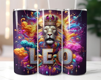 Envoltura para vaso de Leo, color morado - Vaso delgado de 20 oz, diseño recto por sublimación - Envoltura para vaso del zodiaco Leo - Descarga digital