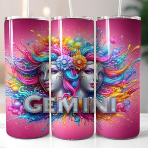 Puede incluir: Un vaso de acero inoxidable rosa con un diseño colorido que presenta a dos mujeres con el pelo suelto y la palabra "GEMINI" en letras brillantes.