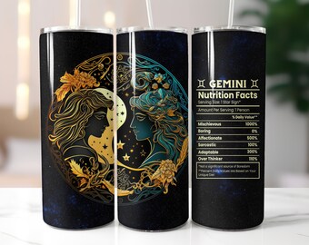 Zodiac Gemini Nutrition Facts - 20oz Skinny Tumbler Sublimation Straight Design - Gemini Tumbler Wrap - Digital Download
